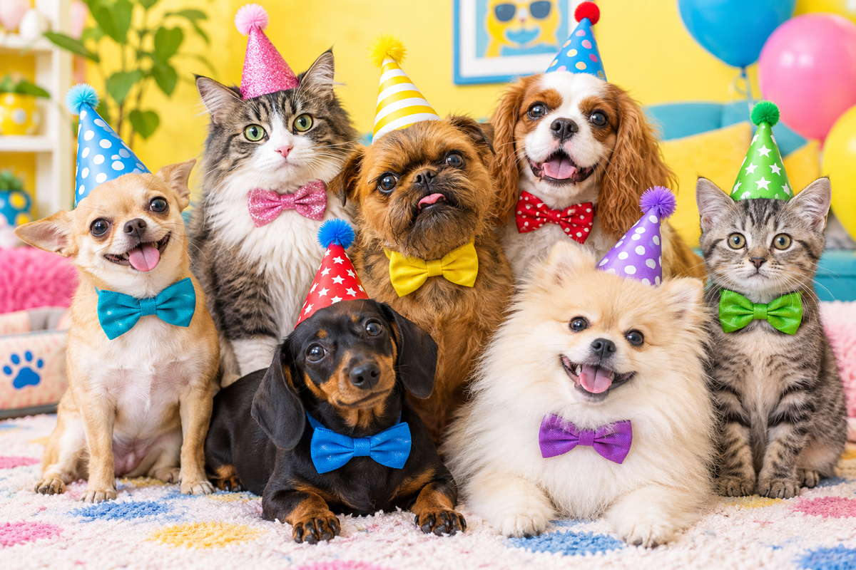 Pets in party hats family portrait
